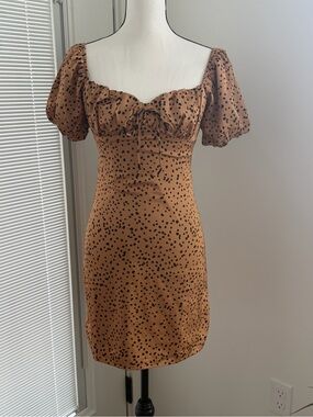 Brown Polka Dot Puff Sleeve Mini Dress